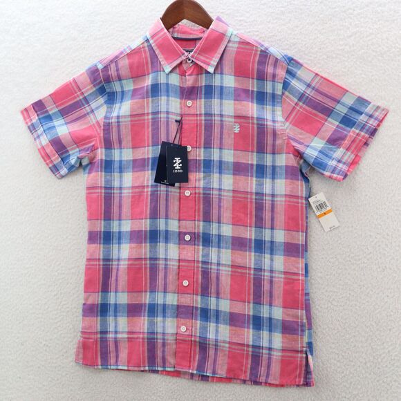 IZOD Other - Izod Shirt Men's Large Pink & Blue Plaid Madras Linen Blend Lightweight Preppy